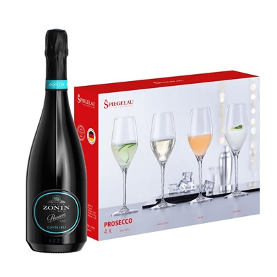 Zonin Prosecco Cuvee DOC 1821 With A Set Of 4 Spiegelau Prosecco Glasses